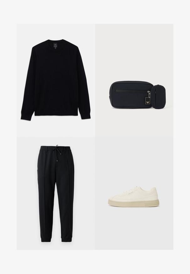 Čierny dlhý rukáv sveter s crewneck výstrihom a rebrovanými manžetami a lemom, na vnútornej strane goliera je viditeľná etiketa Armani Exchange.; Čierne teplákové nohavice s pásom na stiahnutie, elastickými manžetami a zúženým strihom. Vyrobené z mäkkej, pružnej tkaniny s hladkým vzhľadom.; Biele plátenné tenisky s textúrovanou gumovou podrážkou, so šitým špičkovým krytom a logom na päte. Jednoduchý dizajn so šnurovaním.; Čierne obdĺžnikové púzdro s predným zipsom a malým pripevneným zaobleným púzdrom na jednoduchom svetlom pozadí.