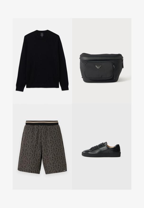 Zwarte lange mouwen crewneck trui met geribbelde manchetten en zoom, Armani Exchange-label zichtbaar aan de binnenkant van de kraag.; Zwarte shorts met een gestructureerd patroon van diagonale lijnen en de tekst "EAT" in beige. Elastische tailleband met contrasterende strepen.; Zwarte leren sneaker met een gladde textuur, ronde neus en vetersluiting. Heeft een dikke rubberen zool en minimale merkaanpassing.; Zwarte heuptas met voorvak met rits en zilveren adelaarlogo, gladde stof met gestructureerde afwerking en ritstrekker.