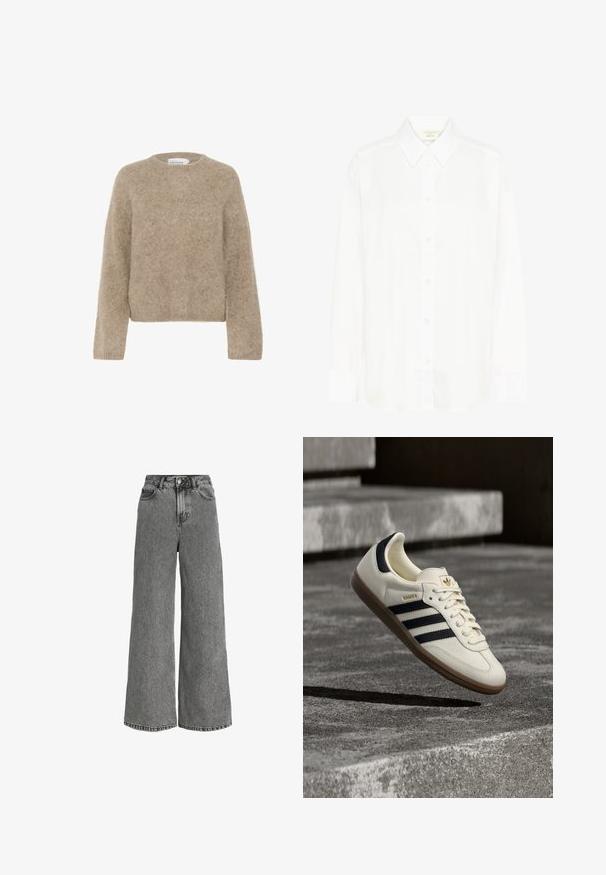 Pull marron, en peluche, fabriqué dans un matériau doux, avec un col rond et des manches longues. Design simple et court sans motifs ni accents visibles.; Chemise blanche à manches longues avec col classique et coupe régulière. Fabriquée en tissu lisse, avec huit boutons sur le devant.; Jean en denim gris à taille haute, jambes larges, fermeture éclair et boutonnée à l'avant, avec un design à cinq poches.; Baskets blanches Adidas Samba avec des bandes noires et une semelle en gomme, flottant au-dessus de marches en béton gris texturé.