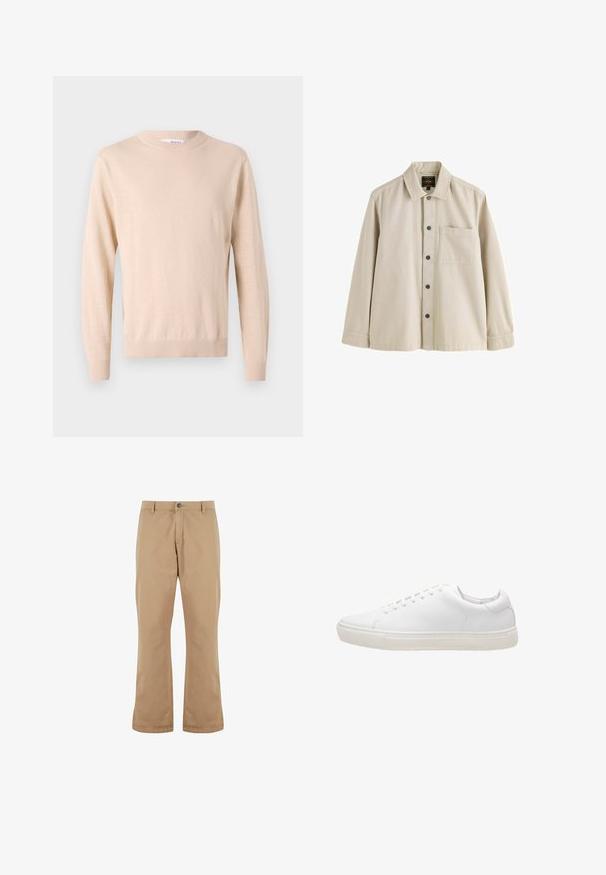 Suéter de punto beige con cuello redondo, mangas largas, puños y bajo acanalados, hecho de una tela suave, que presenta una textura lisa.; Camisa beige de manga larga con botones, cuello y un bolsillo en el pecho, hecha de una tela resistente.; Pantalones de algodón beige con un corte recto, que cuentan con un cierre de botón, bolsillos frontales y una textura suave.; Zapatilla de cuero blanco con textura suave, puntera redonda, cierre de cordones y suela de goma plana. Diseño minimalista sin patrones visibles.
