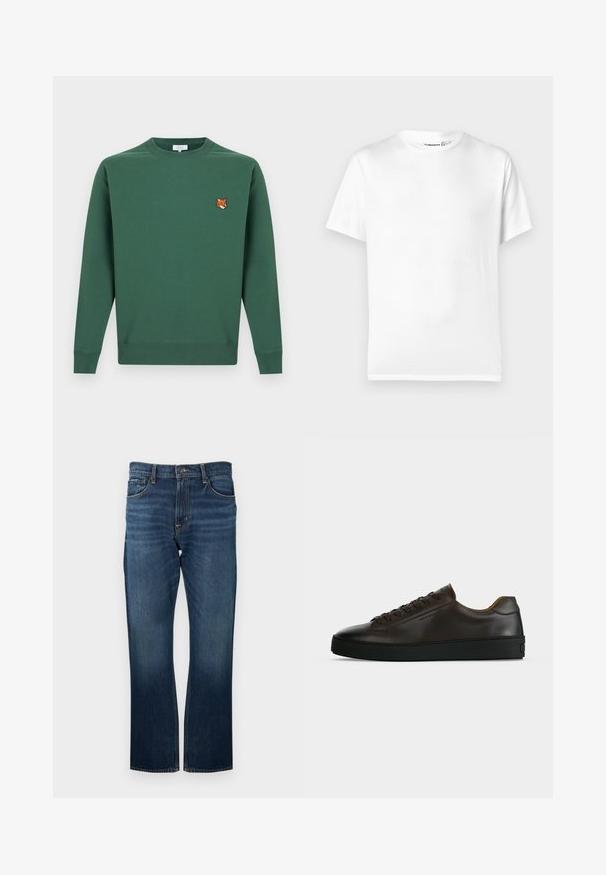 Sweat-shirt vert foncé à col rond avec manches longues et une petite tête de renard brodée sur le côté gauche de la poitrine.; T-shirt en coton blanc avec un col rond classique, des manches courtes et un ourlet droit. Texture lisse, sans motifs ni accents.; Jean en denim bleu foncé avec une coupe droite, présentant des coutures visibles et une ceinture standard avec une fermeture à bouton en métal.; Baskets basses en cuir marron foncé avec semelle en caoutchouc noire, lacets à l'avant et design minimaliste épuré sur fond clair.