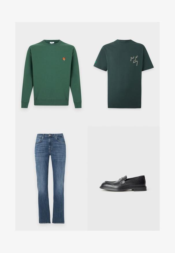 Sweat-shirt vert foncé à col rond avec manches longues et une petite tête de renard brodée sur le côté gauche de la poitrine.; T-shirt manches courtes vert foncé avec texte manuscrit couleur crème "just got lucky" sur la poitrine gauche et un petit trèfle à quatre feuilles vert sur la manche gauche.; Jean denim bleu à jambes droites avec poches avant, fermeture à boutons et léger effet délavé sur les cuisses et les genoux.; Mocassins en cuir noir avec une finition texturée, dotés d'une bride décorative à l'avant et d'un bout arrondi. Semelle en caoutchouc pour plus de durabilité.