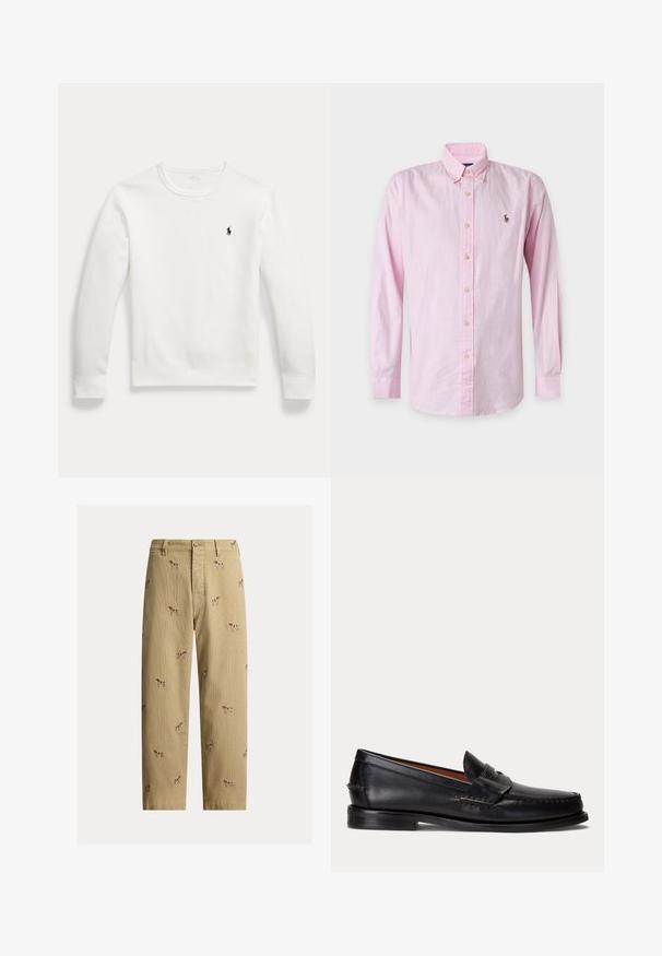 Hvid langærmet crewneck-sweatshirt med en lille sort broderet Polo Ralph Lauren-logo på venstre bryst.; Lyserød langærmet skjorte med knapper, med subtile striber og et lille broderet logo på venstre bryst.; Beige fløjlsbukser med broderede hundemotiver, lige ben, fem lommer og knaplukning foran.; Sort læderloafer med lav hæl og pennyremdetalje, vist fra siden på en lysegrå baggrund.