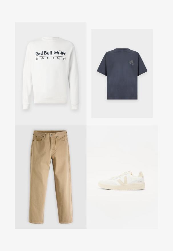 Hvid langærmet sweatshirt med "Red Bull Racing" tekst og to sorte tyre-logoer centreret på brystet.; Mørkegrå T-shirt med korte ærmer og rund hals med lille lyst tekst og en cirkulær logo på venstre brystområde.; Beige bomuldsbukser med lige ben, fem-lomme stil, diskrete syninger og metal knap foran.; Hvide sneakers med beige accenter, der har en tekstureret overdel, rund tå og en tykk gummisål. Designet inkluderer det ikoniske V-logo og branding.