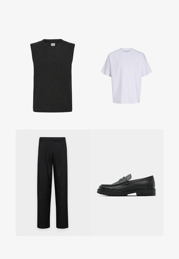 Pull en tricot sans manches gris foncé, avec un col rond et une texture douce. Design simple sans motifs ou accents visibles.; T-shirt blanc uni oversize à manches courtes, col rond et coupe ample sur fond blanc.; Pantalons noirs en tissu lisse, avec une coupe droite, deux plis avant et une taille standard avec passants de ceinture.; Mocassins en cuir noir à bout arrondi, avec un design cousu, une semelle plateforme basse et une semelle en caoutchouc texturée et crantée.