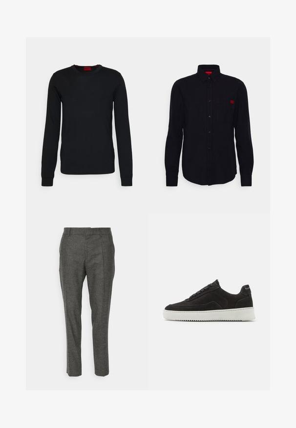 HUGO SAN CEDRIC - Striktrøje - black; Sort langærmet skjorte med knapper lavet af glat stof, med en brystlomme og et lille rødt logo på venstre side.; BOSS P-GENIUS-CW-234 - Bukser - dark grey; Sorte ruskindssneakers med en struktureret overflade, der har flade snørebånd og en kontrasterende hvid gummisål med et zigzag-mønster.