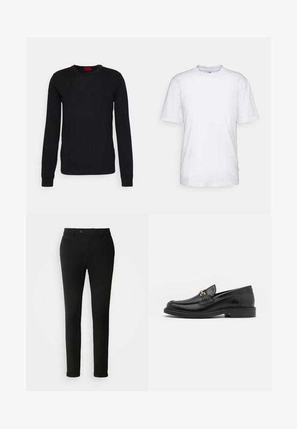 HUGO SAN CEDRIC - Striktrøje - black; Hvid bomulds t-shirt med rund hals, korte ærmer og lige kant. Har et lille mærke på den venstre sidesøm.; Sorte skræddersyede bukser med en slank pasform, elegant design og bæltestropper, med en enkelt baglomme og glat stoftekstur.; Sorte læder loafers med en rund tå, der har guld hardware accent og syningsdetaljer, placeret på en lav, tekstureret gummisål.