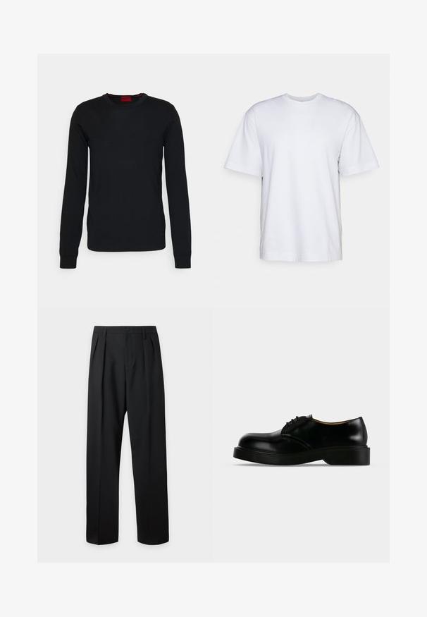 HUGO SAN CEDRIC - Džemper - black; Filippa K HEAVY CREW NECK TEE - Lihtne T-särk - white; Mustad kõrge vöökohaga kohandatud püksid vööaasadega, esipleenide, nööpidega kinnituse ja sirgete laiade säärtega hele taust.; Mustast poleeritud nahast paeltega ametlik king paksu põhjaga, ümar nina ja madala kontsaga, näidatud küljelt tavalisel taustal.