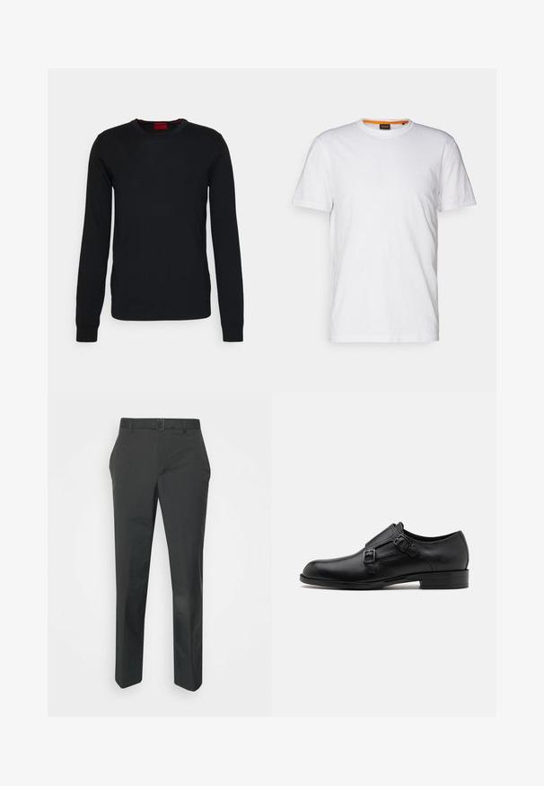 HUGO SAN CEDRIC - Striktrøje - black; Hvid bomulds T-shirt med rund hals, korte ærmer og et subtilt præget logo på brystet. Indvendigt mærke har en orange detalje.; Neil Barrett PLEAT TROUSERS - Bukser - black; Sort læderherresko med dobbelte spænder, slank silhuet og rund tå. Har en lav hæl og glat tekstur.