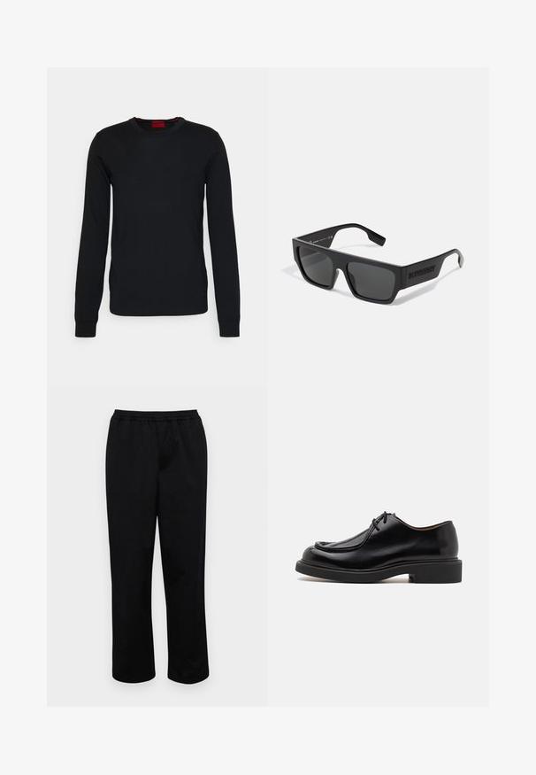 HUGO SAN CEDRIC - Striktrøje - black; Sorte, mellemlange bukser med elastisk talje. Lavet af glat stof, har en afslappet pasform og ingen synlige lommer eller udsmykninger.; Sort lædersko med en rund tå, stikninger, minimale snørebånd og en tyk gummisål for greb og holdbarhed.; Sorte solbriller med rektangulær form, mat finish og grå linser. Har et prægede logo på stængerne. Klassisk design.