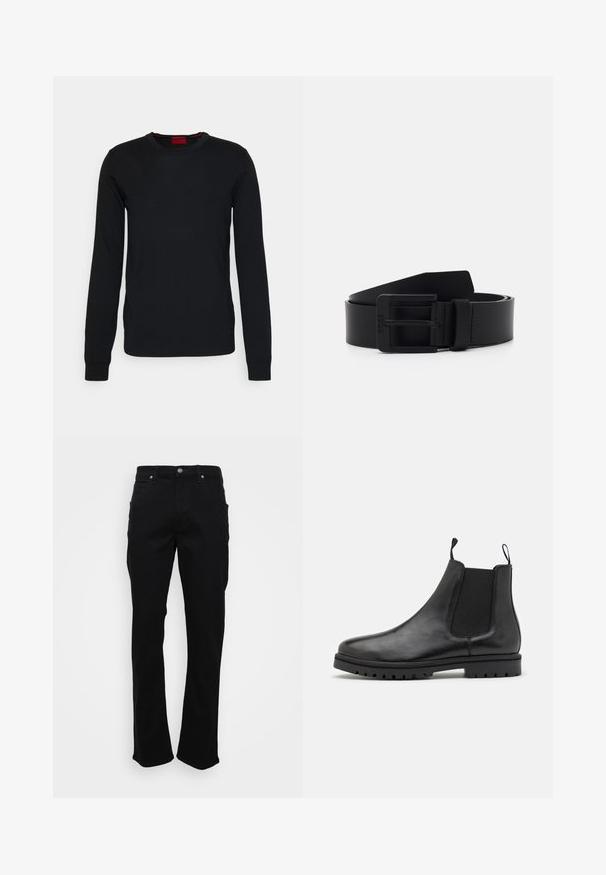 HUGO SAN CEDRIC - Striktrøje - black; Sorte lige ben jeans med forlommer, bæltestropper og en knaplukning på en hvid baggrund.; Sorte læder Chelsea støvler med elastiske sidepaneler, trækkemærker og en struktureret gummisål med et slidbane mønster.; Sort læderbælte med mat finish, der har en rektangulær metalspænde og en glat overflade. Enkel design uden mønstre eller accenter.