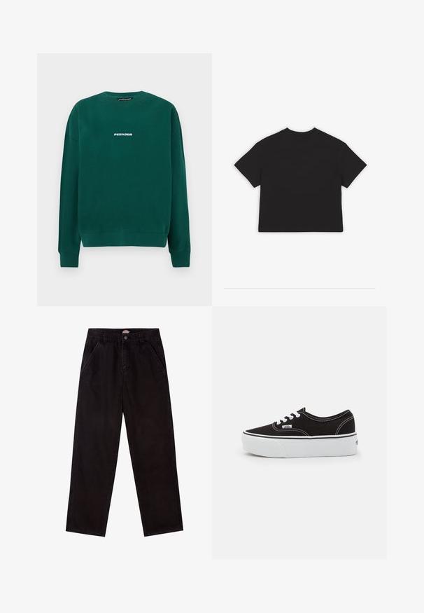 Sudadera verde de algodón, con cuello redondo, puños acanalados y un logo blanco "PEGADOR" en el pecho.; Camiseta negra recortada, de mangas cortas, cuello redondo clásico, hecha de un tejido de algodón suave, diseño liso sin patrones ni acentos.; Pantalones de mezclilla negra de pierna recta con un diseño clásico de cinco bolsillos, que cuentan con un cierre de botón y detalles de costura sutiles.; Zapatilla de lona negra con suela de plataforma de goma blanca, que presenta cordones y costuras blancas, con branding icónico en el lateral, diseño de corte bajo.