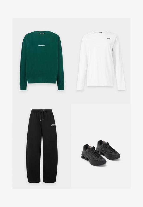 Sudadera verde de algodón, con cuello redondo, puños acanalados y un logo blanco "PEGADOR" en el pecho.; Camiseta blanca de manga larga con cuello redondo y pequeño logo negro de The North Face en el lado izquierdo del pecho.; Pantalones de chándal anchos y negros con cintura elástica y cordón, que presentan un pequeño logo blanco de "jordan" en el muslo derecho.; Zapatillas deportivas negras con una parte superior sintética lisa, acentos texturizados, diseño de cordones y amortiguación de resorte visible en el talón.