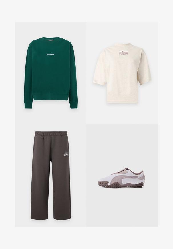 Sudadera verde de algodón, con cuello redondo, puños acanalados y un logo blanco "PEGADOR" en el pecho.; Camiseta beige de manga corta New Balance Athletics con logo y texto burdeos centrados en el pecho, fondo liso.; Pantalones deportivos gris oscuro de pierna recta con cintura elástica y pequeño logotipo blanco de "New Balance" en el muslo derecho.; Zapato deportivo gris claro con parte superior de ante suave, suela de goma con picos texturizados y diseño flexible. Logo lateral en un tono más oscuro.