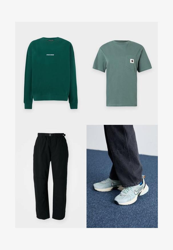 Sudadera verde de algodón, con cuello redondo, puños acanalados y un logo blanco "PEGADOR" en el pecho.; Camiseta verde de manga corta hecha de algodón con un bolsillo en el pecho izquierdo que presenta un parche de logo. Diseño simple y clásico sin patrones.; Pantalones ligeros negros con cinturilla elástica y cinturón ajustable. Cuentan con piernas estrechas y paneles de rodilla reforzados para mayor durabilidad.; Zapatillas Nike de malla azul claro con un acabado texturizado, swoosh negro y suela media crema, combinadas con pantalones de pierna ancha gris oscuro.