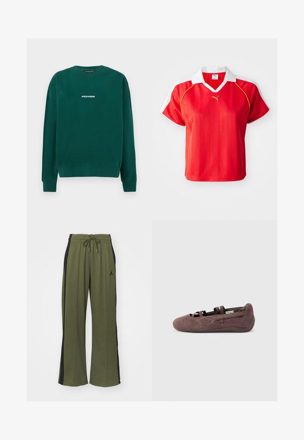 Grüner Sweatshirt aus Baumwolle, mit rundem Hals, gerippten Bündchen und einem weißen "PEGADOR"-Logo auf der Brust.; Rotes sportliches Poloshirt mit weißem Kragen und Ärmeln, mit vertikalen Streifen und einem kleinen goldenen Logo auf der Vorderseite. Leichtes Material.; Grüne Trainingshose mit schwarzen Seiteneinsätzen, elastischem Bund und Kordelzug. Mit kleinem schwarzem Logo am linken Bein. Weicher Stoff.; Brauner Ballerinaschuh aus Wildleder mit elastischen Riemen und strukturierter Sohle, in Seitenansicht vor hellem, einfarbigem Hintergrund gezeigt.