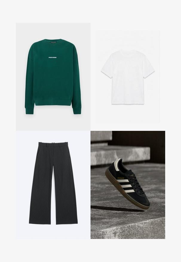 Sudadera verde de algodón, con cuello redondo, puños acanalados y un logo blanco "PEGADOR" en el pecho.; Camiseta blanca lisa de manga corta con cuello redondo, colocada plana sobre un fondo blanco.; Pantalones anchos negros con finas rayas blancas, trabillas para cinturón, bolsillos delanteros y cierre frontal oculto.; Zapatilla negra de Adidas con rayas blancas y suela de goma flotando sobre escalones de concreto gris a la luz natural.