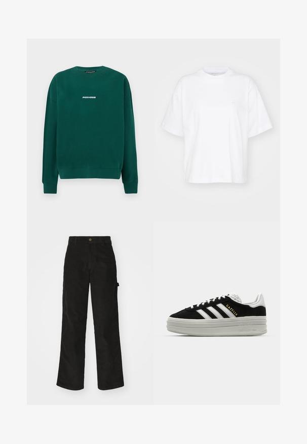Sudadera verde de algodón, con cuello redondo, puños acanalados y un logo blanco "PEGADOR" en el pecho.; Camiseta de algodón blanca con cuello redondo, mangas cortas y un corte relajado. Presenta un logo sutil en el área del pecho izquierdo. Textura suave.; Pantalones de pana negros con un diseño de pierna recta, que presentan un cierre de botón y bolsillo lateral. Textura suave con finas rayas verticales.; Zapatillas negras de ante con detalles en cuero blanco, tres rayas blancas, cordones planos y una gruesa suela de plataforma gris. Marca "Gazelle" en dorado.