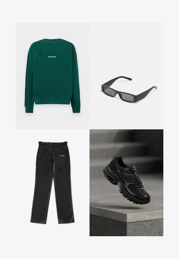 Sudadera verde de algodón, con cuello redondo, puños acanalados y un logo blanco "PEGADOR" en el pecho.; Pantalones de imitación de cuero negros con un diseño elegante, que cuentan con un logo en el lado izquierdo, piernas rectas y pasadores para cinturón tradicionales.; Zapatilla de running negra de Nike con parte superior de malla y sintética flotando sobre una superficie de hormigón y escalones de fondo.; Gafas de sol negras rectangulares con lentes oscuros y montura gruesa mate. Las varillas son ligeramente cónicas con una textura suave.