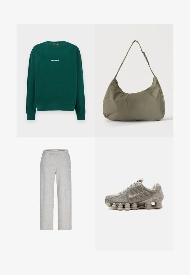 Grøn sweatshirt lavet af bomuld, med rund hals, ribstrikkede manchetter og en hvid "PEGADOR" logo på tværs af brystet.; Lysegrå sweatpants med lige ben, elastisk talje og lille hvidt logo på øverste lår.; Lysebeige Nike Shox sneaker med synligt søjleformet støddæmpende sål og mesh-detaljer på overdelen.; Skuldertaske i blødt olivengrønt stof med lynlås og justerbar rem på ensfarvet, lyst baggrund.