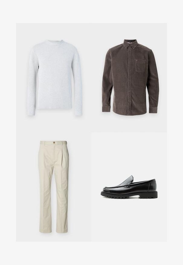 Pull en maille gris clair à manches longues avec col rond et poignets et bas en bord-côte, présenté sur fond blanc.; Chemise en velours côtelé marron à boutons, avec col, manches longues, une poche poitrine et une texture subtile à côtes verticales. Présente un détail logo sur la poche.; Pantalon beige sur mesure en coton, avec plis, fermeture à bouton, jambes droites et texture lisse.; Mocassin en cuir noir avec semelle en caoutchouc épaisse, dessus cousu et nom de marque embossé sur le talon, présenté de profil sur fond blanc.