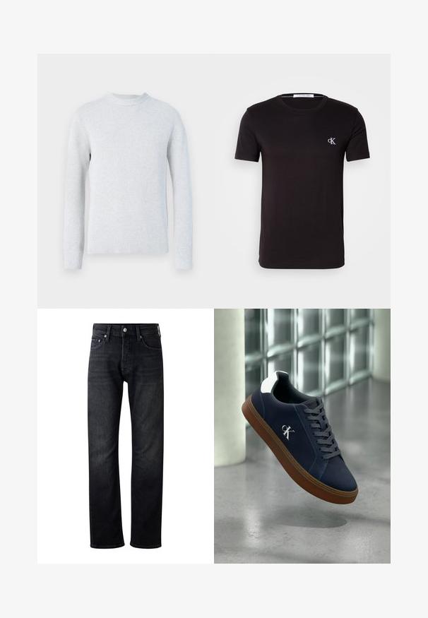 Pull en maille gris clair à manches longues avec col rond et poignets et bas en bord-côte, présenté sur fond blanc.; T-shirt noir à manches courtes col rond avec petit logo blanc "cK" sur la poitrine gauche et étiquette Calvin Klein Jeans à l'intérieur du col.; Jean en denim foncé pour homme avec une coupe droite, présentant un style classique à cinq poches et une fermeture à bouton métallique. Différentes délavages visibles.; Baskets bleu marine avec semelle marron, lacets gris, accent blanc au talon et logo "CK" blanc, flottant à l'intérieur près d'un mur en blocs de verre et d'un sol en béton.