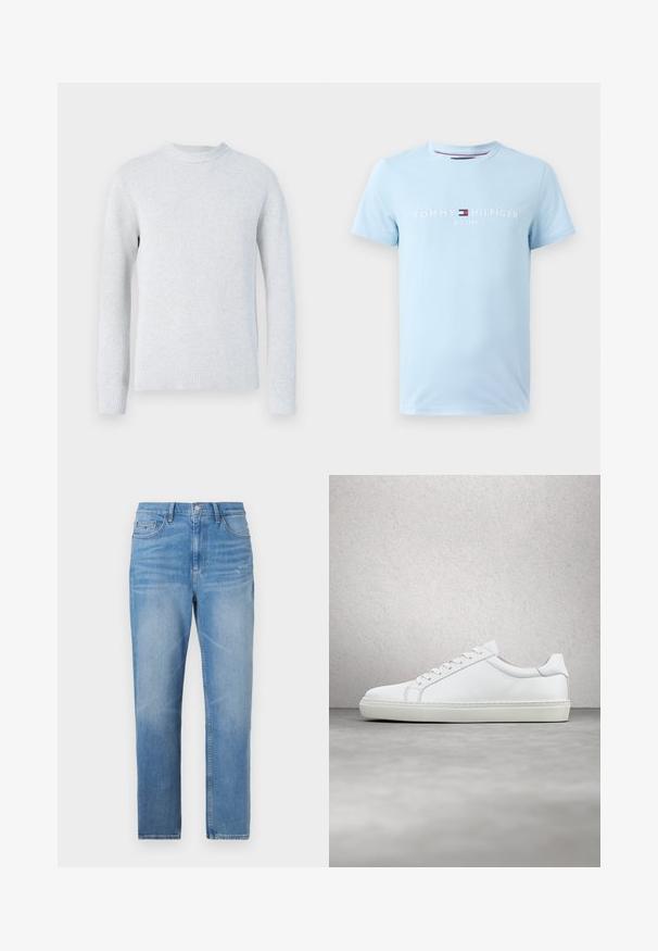 Lysegrå strikket trøje med lange ærmer, rund hals og ribkant ved ærmer og bund, vist på en hvid baggrund.; Lys blå bomulds t-shirt med rund halsudskæring, der har hvid broderet tekst "TOMMY HILFIGER EST. 1985" og et rødt og blåt logoakkord.; Lysblå denim jeans med lige pasform, falmet vask og lynlås. Har fem lommer og et mærke på bageste talje.; Hvide sneakers med en glat læderoverdel og lav profil. Har en rund tå, seks snørehuller og en tekstureret gummisål.