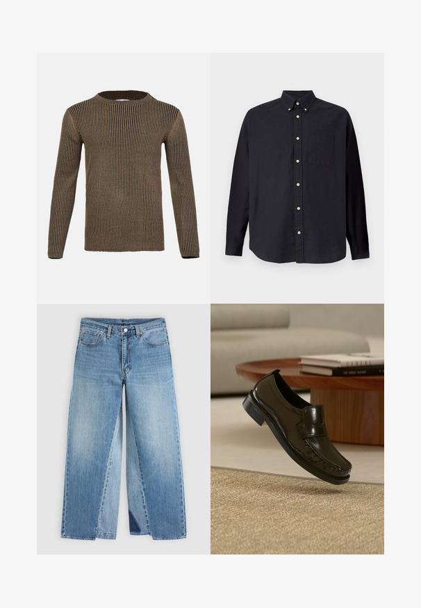 Brun og sort stribet langærmet sweater med rund hals, ribbet tekstur og lige kant. Fremstillet af blødt, strikket materiale.; Sort langærmet skjorte lavet af bomuld. Har en button-down krave, frontlomme og en fuld knapstolpe med lysfarvede knapper.; Straight-leg blå denimjeans med klassisk fem-lomme design og forreste knaplukning, vist fladt på en neutral baggrund.; Sort læder slip-on loafersko svævende over et beige vævet tæppe med et træ sofabord og bøger i baggrunden.