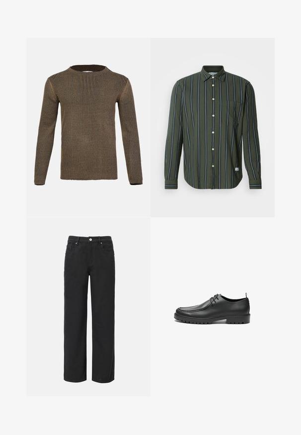 Brun og sort stribet langærmet sweater med rund hals, ribbet tekstur og lige kant. Fremstillet af blødt, strikket materiale.; Grøn langærmet skjorte med lodrette striber i marineblå og hvid. Har knaplukning foran, krave og en enkelt brystlomme.; Sorte bukser med vid ben, lavet af bomuld, med fire lommer, frontlukning med knap og et klassisk denimdesign. Glat tekstur, ingen synlige mønstre.; Sorte lædersko med en glat overflade, rund tå og dekorativ stikning. Har en gummisål med skridsikre spor og snørebåndsdesign.