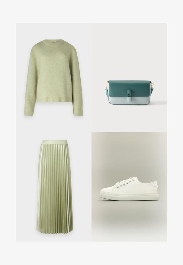 Gina Tricot CREW NECK - Πουλόβερ - desert sage; Πλισέ μίντι φούστα σε ανοιχτό πράσινο σατέν με λεία υφή. Ρυθμιζόμενη μέση, φτάνει μέχρι τα μισά της γάμπας, με ομοιόμορφες κάθετες πτυχώσεις σε όλη την επιφάνειά της.; Λευκό sneaker χαμηλού τύπου με λευκά κορδόνια και λαστιχένια σόλα, εμφανίζεται από πλάγια όψη σε ουδέτερο φόντο.; Ορθογώνια δίχρωμη πράσινη δερμάτινη τσάντα χειρός με κούμπωμα και καπάκι, εμπρόσθιο πόμολο και αποσπώμενο ιμάντα ώμου με χρυσά κλιπς.