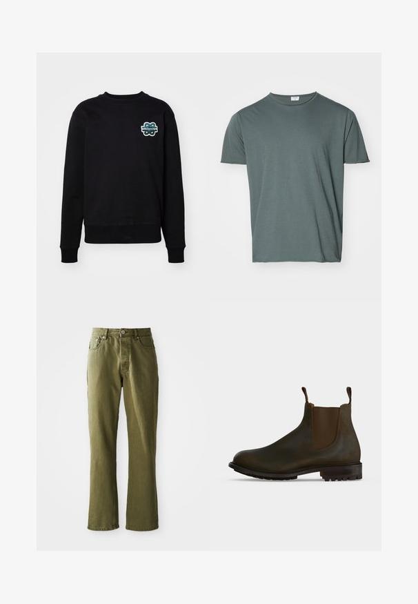 Zwart sweatshirt met een ronde hals, lange mouwen en een textuur met geborduurd logo in groen en wit op de borst. Zachte stof.; Donkergroen T-shirt met ronde hals, korte mouwen, zacht materiaal, relaxed fit, gladde textuur, geen zichtbare patronen of accenten.; Olijfgroene jeans met een rechte pijpenontwerp, twee bovenste zakken, een enkele achterzak en een sluiting met een knoop aan de voorkant. Zichtbare stikdetails.; Donkerbruine leren Chelsea-laars met elastische zijpanelen, aantreklus bij de enkel en een grof profiel rubberen zool.