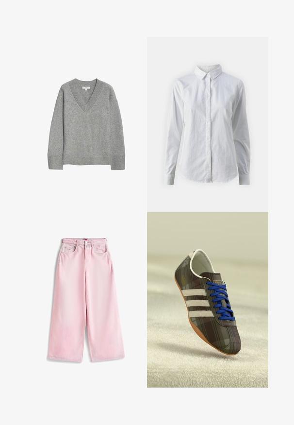 Suéter gris acanalado con cuello en V, mangas largas y dobladillo recto. Hecho de material suave, con una sutil textura y detalles.; Camisa blanca de botones hecha de algodón suave, con un cuello clásico, mangas largas y un dobladillo curvado. Los botones son pequeños y blancos.; Pantalones vaqueros de pierna ancha en rosa claro, con botones frontales, trabillas para cinturón y diseño de cinco bolsillos, colocados sobre un fondo blanco.; Zapatillas deportivas de cuadros marrones con cordones azules, tres franjas blancas y una superficie lisa, con una suela de goma marrón clara.