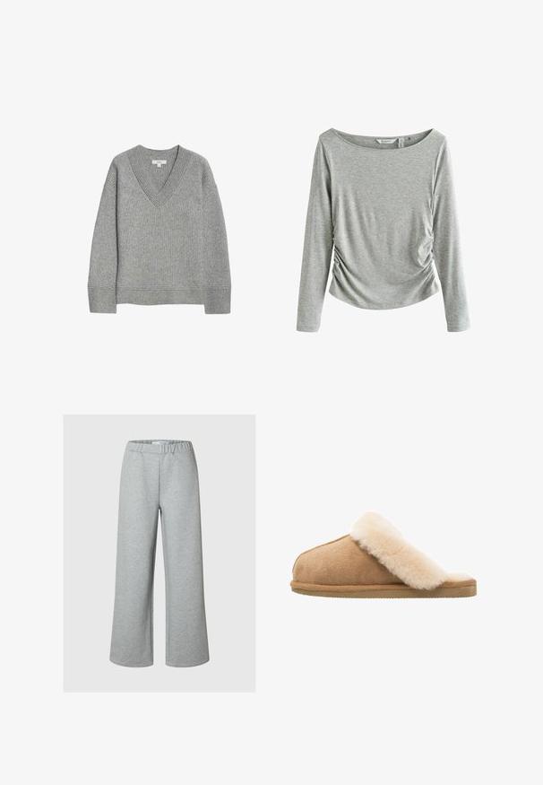 Grå ribbet sweater med V-hals, lange ærmer og lige kant. Lavet af blødt materiale, med subtile teksturer og detaljer.; Grå langærmet top lavet af blødt materiale, med en afslappet halsudskæring og en rynket detalje i siden for ekstra tekstur og form.; Lys grå brede bukser lavet af blød stof, med elastisk talje og et simpelt, udekoreret design.; Beige ruskind slip-on hjemmesko med en blød, fluffy creme lammeskindsforing. Har en flad, tekstureret gummisål for godt greb.