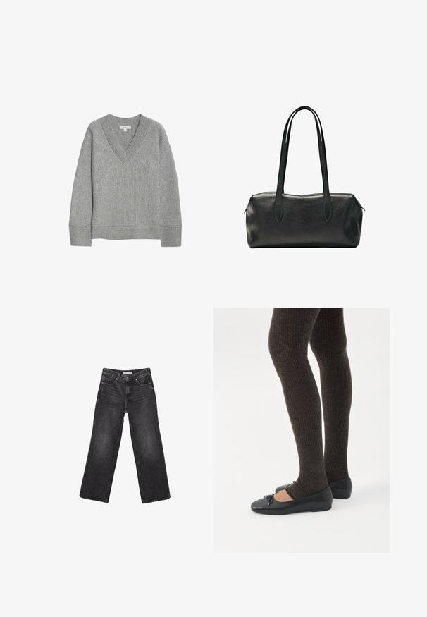 Grå ribbet sweater med V-hals, lange ærmer og lige kant. Lavet af blødt materiale, med subtile teksturer og detaljer.; Sorte denimjeans med brede ben, for- og baglommer, knaplukning og bæltestropper, lagt fladt på en hvid baggrund.; Ben iført mørke ribbede leggings kombineret med sorte balletsko med små sløjfedetaljer på hvid baggrund.; Sort rektangulær læderhåndtaske med to lange skulderstropper og en lynlåslukning øverst.