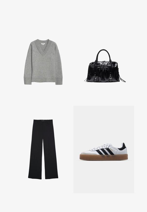 Pull gris à côtes avec un col en V, manches longues et ourlet droit. Fabriqué en matériau doux, avec une texture et des détails subtils.; Pantalon noir à jambes larges avec passants de ceinture, bouton frontal et fermeture éclair, étalé à plat sur un fond blanc.; Baskets en cuir blanc avec des rayures noires, semelle extérieure en caoutchouc beige, bout rond, fermeture lacée et embout en suède gris doux.; Sac à main en cuir noir brillant avec deux poignées, poche avant zippée, sangles décoratives et ferrures métalliques argentées.