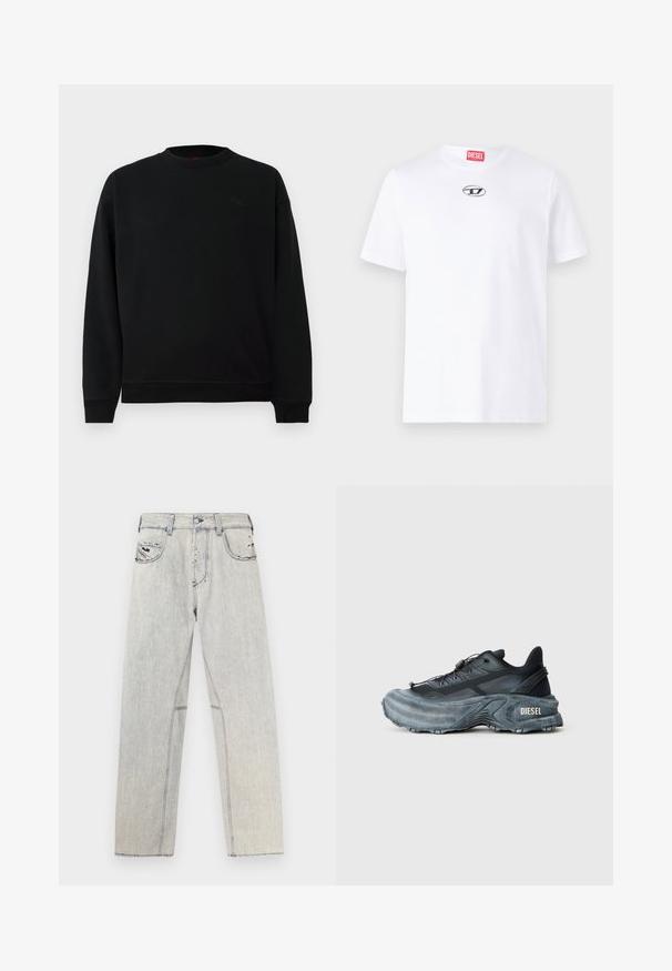 Schwarzes Sweatshirt aus weichem Stoff, mit rundem Halsausschnitt, Rippbündchen und einem kleinen Emblem auf der Brust. Einfaches, unauffälliges Design.; Weißes Baumwoll-T-Shirt mit kurzen Ärmeln, runder Halslinie und einem silbernen Diesel-Logopatch auf der Brust. Einfaches Design, einfarbig.; Hellblaue Jeans aus Denim mit geradem Schnitt, kontrastierenden Nähten, zwei Vordertaschen und abgenutzten Details im Stoff.; Schwarz- und graue Diesel-Sneaker mit dicker Sohle, Schnürverschluss und strukturiertem Design auf einem schlichten hellgrauen Hintergrund.