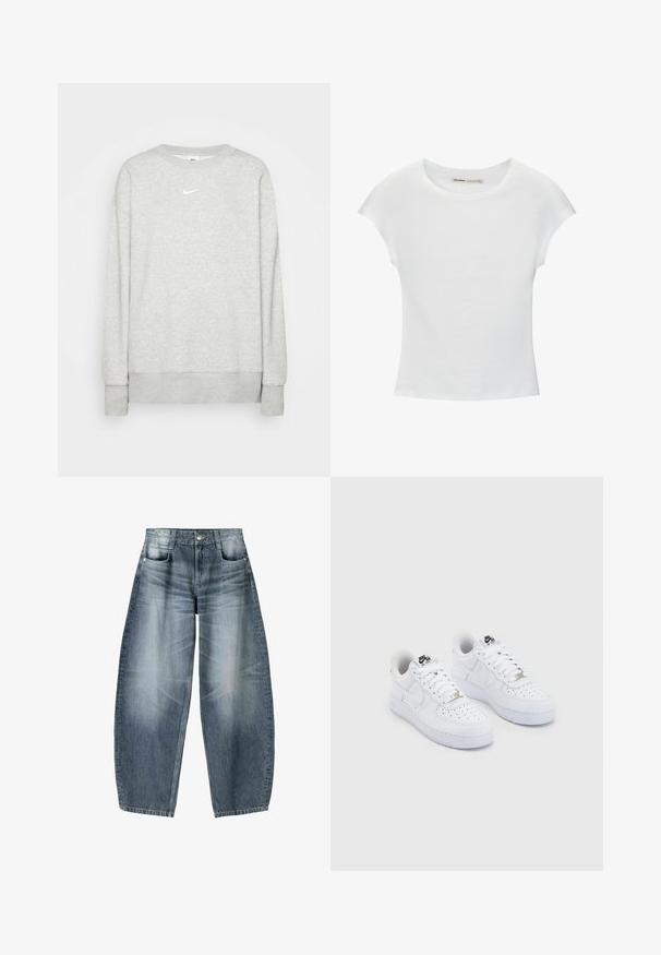 Helle graue Sweatshirt mit Rundhalsausschnitt aus weichem Material, das ein kleines weißes Nike-Logo auf der Brust und gerippte Bündchen sowie Saum aufweist.; Weißes Baumwoll-T-Shirt mit kurzen, aufgerollten Ärmeln, rundem Ausschnitt und geradem Saum. Glatte Textur ohne sichtbare Muster oder Akzente.; Weite Jeans aus hellblauem Denim mit Ausbleichungen, im fünf-Taschen-Design, mit Knopfverschluss und minimalen Nähtelementen.; Weiße Nike Air Force 1 Sneaker mit einem geschmeidigen Obermaterial aus Leder, perforierter Zehenbox, weißen Schnürsenkeln und schwarzem Branding auf der Zunge.