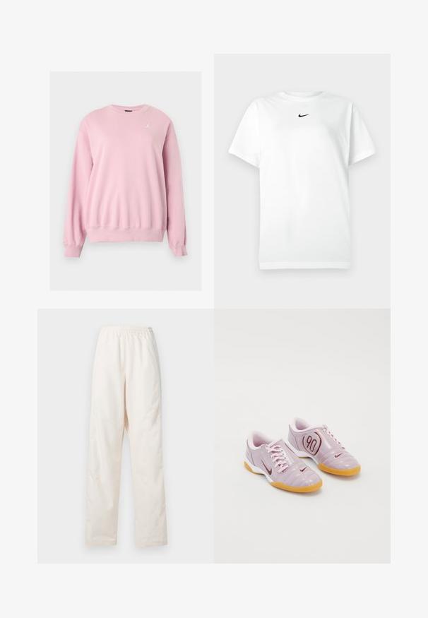 Sweat-shirt rose clair à manches longues avec col rond, poignets et bas côtelés, avec un petit logo Jumpman blanc sur la poitrine gauche.; T-shirt blanc à manches courtes avec col ras du cou, portant un petit logo Nike en forme de swoosh noir centré sous le col.; Pantalon couleur crème à taille élastique et coupe droite, de coupe ample, présenté sur un fond blanc uni.; Chaussures de sport synthétiques violettes avec un dessus texturé, des lacets roses, un détail rouge visible '90', et une semelle en caoutchouc gum.
