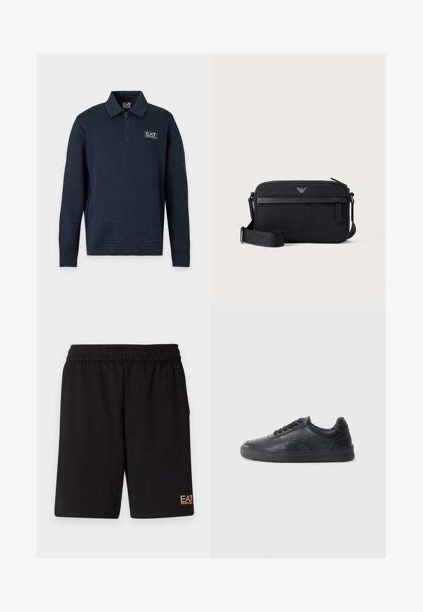 Pull bleu marine à manches longues avec col à fermeture éclair partielle et petit logo EA7 Emporio Armani sur la poitrine gauche.; Shorts de sport noirs en tissu doux, avec une taille élastique et un petit logo jaune EA7 sur le bas de la jambe gauche.; Chaussure de sport en cuir noir avec une finition lisse, bout arrondi, panneau latéral texturé et lacets noirs. Présente une semelle en caoutchouc plate et un design minimaliste.; Sac bandoulière rectangulaire noir avec poche avant zippée, sangle réglable et petit logo métallique en haut au centre.