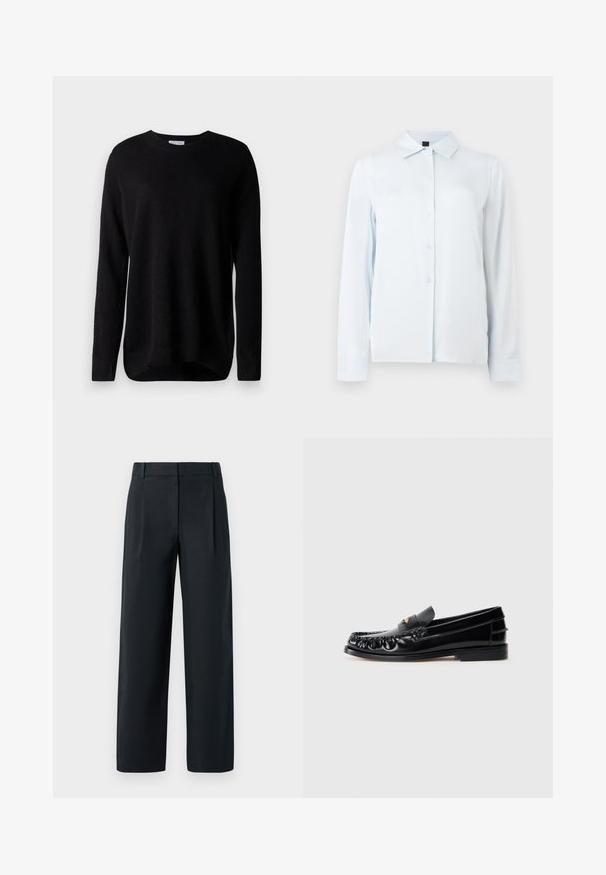 Schwarzer Pullover aus weicher Baumwolle, mit langen Ärmeln, runder Ausschnitt und gerippten Bündchen. Einfaches Design, ohne Muster oder Akzente.; Langärmliges weißes Hemd mit Knopfleiste, spitzem Kragen und Manschetten, präsentiert auf hellem, schlichten Hintergrund.; Schwarze, maßgeschneiderte Hose mit geradem Bein, vorn mit Falten, einer glatten Textur und Gürtelschlaufen. Keine sichtbaren Taschen.; Schwarze LederSlipper mit runder Zehenform, dekorativen Nähten und einem kleinen goldenen Akzent auf dem Vorderblatt. Flache Gummisohle, elegantes Design.