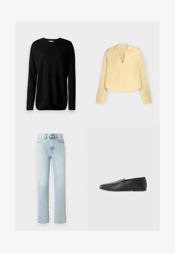 Zwarte trui gemaakt van zacht materiaal, met lange mouwen, een ronde halslijn en geribde manchetten. Eenvoudig ontwerp, zonder patronen of accenten.; Blouse met lange mouwen, lichtgele kleur, met een diepe V-hals en kraag, loszittend en licht cropped model.; Lichtblauwe spijkerbroek met een rechte pijp, vijf zakken en decoratieve stiksels langs de tailleband. Klassieke knoopsluiting.; Zwarte leren loafers met een gladde textuur, een afgeronde neus en subtiele stiksel details. Voorzien van een gouden logomerk aan de bovenzijde.