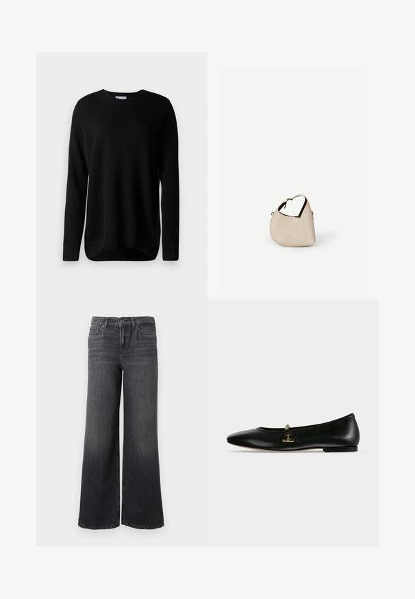 Pull noir en tissu doux, avec des manches longues, un col rond et des poignets côtelés. Design simple, sans motifs ni accents.; Jean en denim gris foncé à jambe large avec un dégradé subtil, doté d'une fermeture à bouton, de cinq poches et d'un ourlet droit au niveau de la cheville.; Chaussure plate en cuir noir avec une petite chaîne dorée et un détail barre sur le dessus, bout arrondi et talon bas.; Sac à main en cuir beige en forme de croissant avec une seule bandoulière et des coutures minimalistes, posé sur un fond blanc uni.