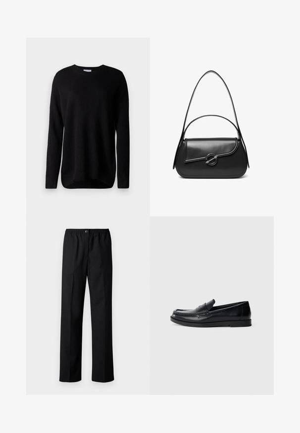 Schwarzer Pullover aus weicher Baumwolle, mit langen Ärmeln, runder Ausschnitt und gerippten Bündchen. Einfaches Design, ohne Muster oder Akzente.; Schwarze Hose mit geradem Bein, elastischem Bund und Knopfverschluss. Hergestellt aus gewebtem Stoff mit glatter Textur.; Schwarze Lederloafers mit einem gestickten Akzentdesign, runder Zehenform, flacher Gummisohle und einer glatten Oberfläche. Klassische, vielseitige Silhouette.; Schwarze Lederschultertasche mit einer geschwungenen Klappe, die durch einen runden Metallverschluss gesichert ist, und einem schlanken, verstellbaren Riemen.