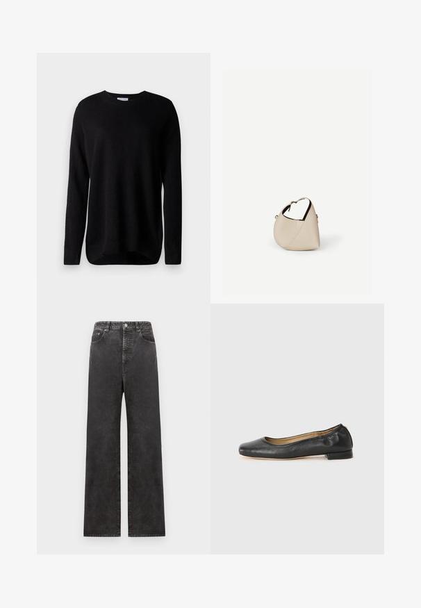Must must, mis pehmest kangast, pikad varrukad, ümmargune kaelus ja soonikkoes randmed. Lihtne disain, ilma mustrite või aktsentideta.; Laiad mustad denim püksid kõrge vöökohaga, millel on esi-taskud, nööbivarrastus ja kergelt pleekinud tekstuur.; Mustad nahast baleriinijalatsid ümmarguse varba ja minimaalse õmblusega. Madal, ruudukujuline konts ja sile tekstuur. Diskreetne sisepinna detail.; Beežist nahast poolkuukujuline õlakott, millel on üks õlarihm ja minimaalne õmblemine, valgel taustal.