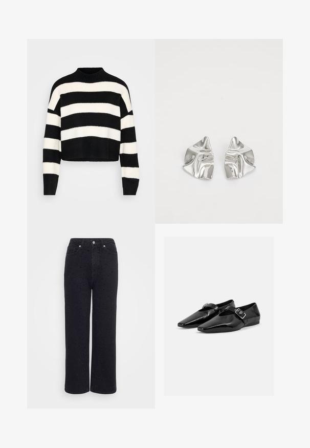 Pull cropped à manches longues noir et blanc à rayures horizontales, avec un col montant côtelé et des poignets, présenté sur un fond clair.; Pantalons large en denim noir à taille haute, avec des accents de clous décoratifs et une texture lisse.; Paire de chaussures plates en cuir verni noir à bouts pointus avec une bride à boucle sur le dessus, montrée sur un fond clair uni.; Boucles d'oreilles en métal argenté avec un design ondulé et sculptural, présentant une finition polie et des formes irrégulières, mettant en valeur une esthétique contemporaine.