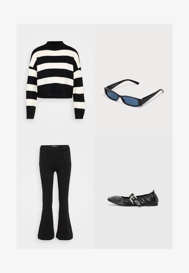 Pull cropped à manches longues noir et blanc à rayures horizontales, avec un col montant côtelé et des poignets, présenté sur un fond clair.; Pantalons évasés noirs en denim, avec une taille haute, une fermeture à cinq boutons sur le devant et deux poches avant avec couture décorative.; Chaussure plate en cuir noir avec un nez pointu, des détails froncés autour de l'ouverture et un accent en boucle argentée sur la bride ajustable.; Lunettes de soleil noires avec une monture rectangulaire élégante et des verres bleus. Présente une texture lisse et des branches robustes. Logo de la marque sur le côté.