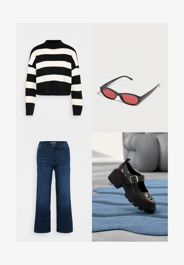 Suéter recortado de manga larga a rayas horizontales en blanco y negro con un cuello alto acanalado y puños, exhibido sobre un fondo claro.; ONLY Petite ONLMADISON BLUSH WIDE - Pernera ancha - dark blue denim; Zapato Mary Jane negro con suela gruesa, correa con hebilla plateada y recortes florales, exhibido sobre una superficie azul texturizada en interiores.; Gafas de sol ovaladas negras con varillas delgadas y lentes tintados de rojo descansando sobre una superficie blanca.