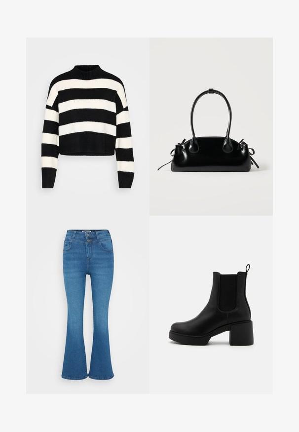 Sort og hvidt, vandret stribet langærmet cropped sweater med ribbet høj hals og manchetter, præsenteret på en lys baggrund.; Blå denim flared jeans med høj talje, to-knaps lukning og diskret falmning. Klassisk fem-lomme design, glat tekstur.; Sort ankelstøvle med en glat læderfinish, elastiske sidedele og en chunky rektangulær hæl. Har en løkke til nem påtagning.; Lille sort blank håndtaske med to lange håndtag og snøre-detaljer i siden på en ensfarvet lys baggrund.