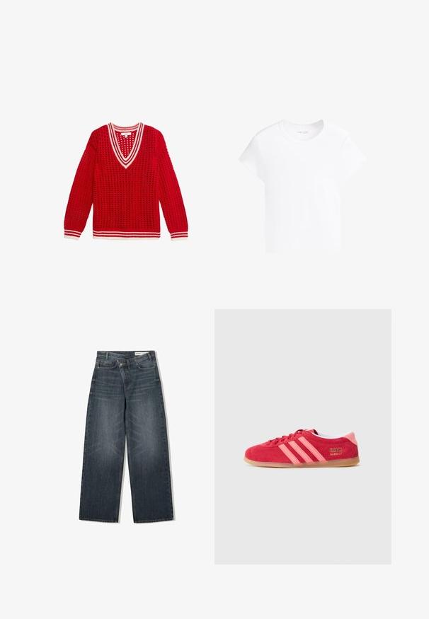 Rode gebreide trui met V-hals, voorzien van een opengewerkte structuur, witte strepenaccenten op de halslijn en manchetten, en lange mouwen.; Effen witte korte mouw cropped t-shirt met ronde hals, weergegeven op een witte achtergrond.; Donker gewassen spijkerbroek met een wijde pijpdesign, voorzien van een hoge taille, vijf zakken en subtiele wassing aan de voorkant.; Rode suède sneaker met roze strepen, een zool van gum rubber en gouden logo-details. Heeft een afgeronde neus en een vetersluiting.
