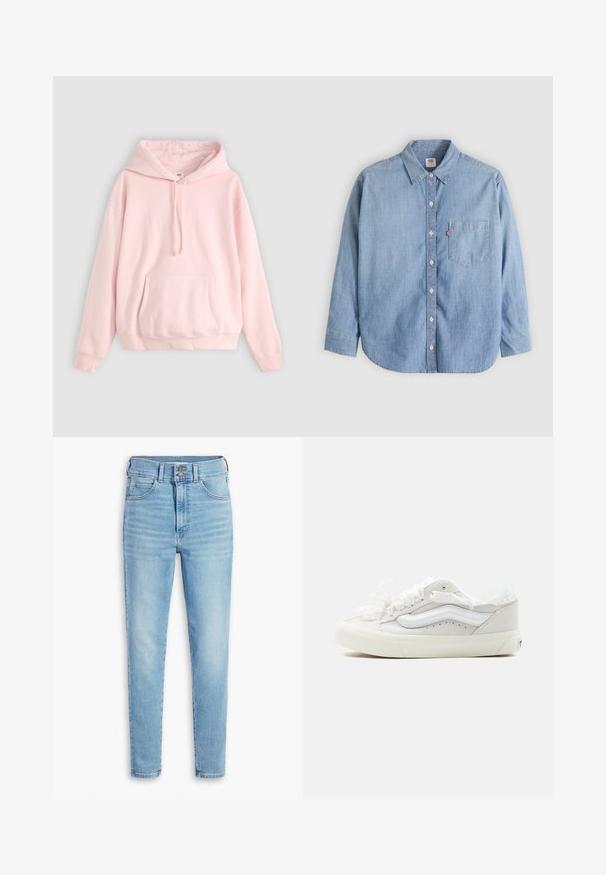 Lyserød hættetrøje med en stor lommesæk foran, snøre ved hætten og ribbede manchetter. Fremstillet af blødt, komfortabelt materiale med minimal branding.; Lyseblå denimskjorte med button-down-krave, forlompe og lange ærmer. Har en buet kant og en subtil tekstur.; Levi's® RETRO HIGH SKINNY DOUBLE BUTTON - Jeans Skinny Fit - straight out of levi's�; Lav top hvid lærredssneakers med hvid gummisål, satinbåndssnørebånd og et hvidt bølgemønster på siden.